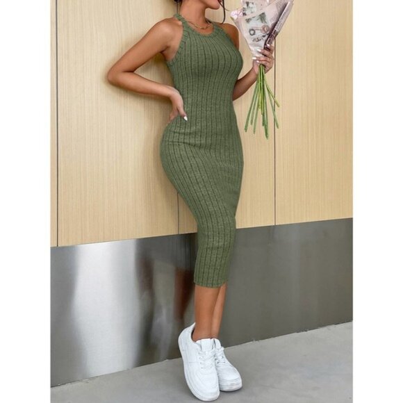 Solid Halter Neck ribbed knit midi Bodycon Dress gray - Picture 1 of 2